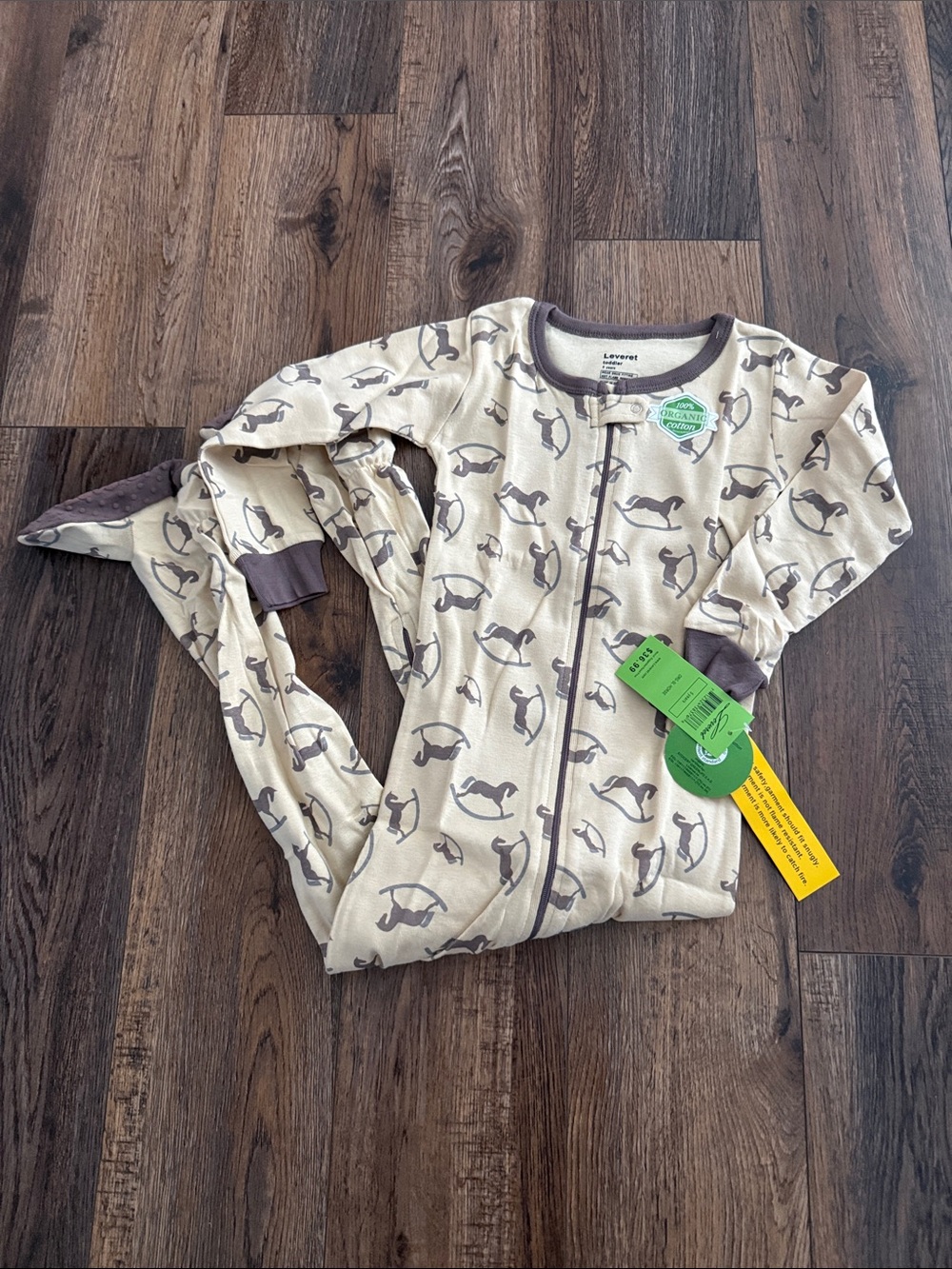 Neutral Cream & Brown Rocking Horse Zip Footed Pajamas by Leveret organic